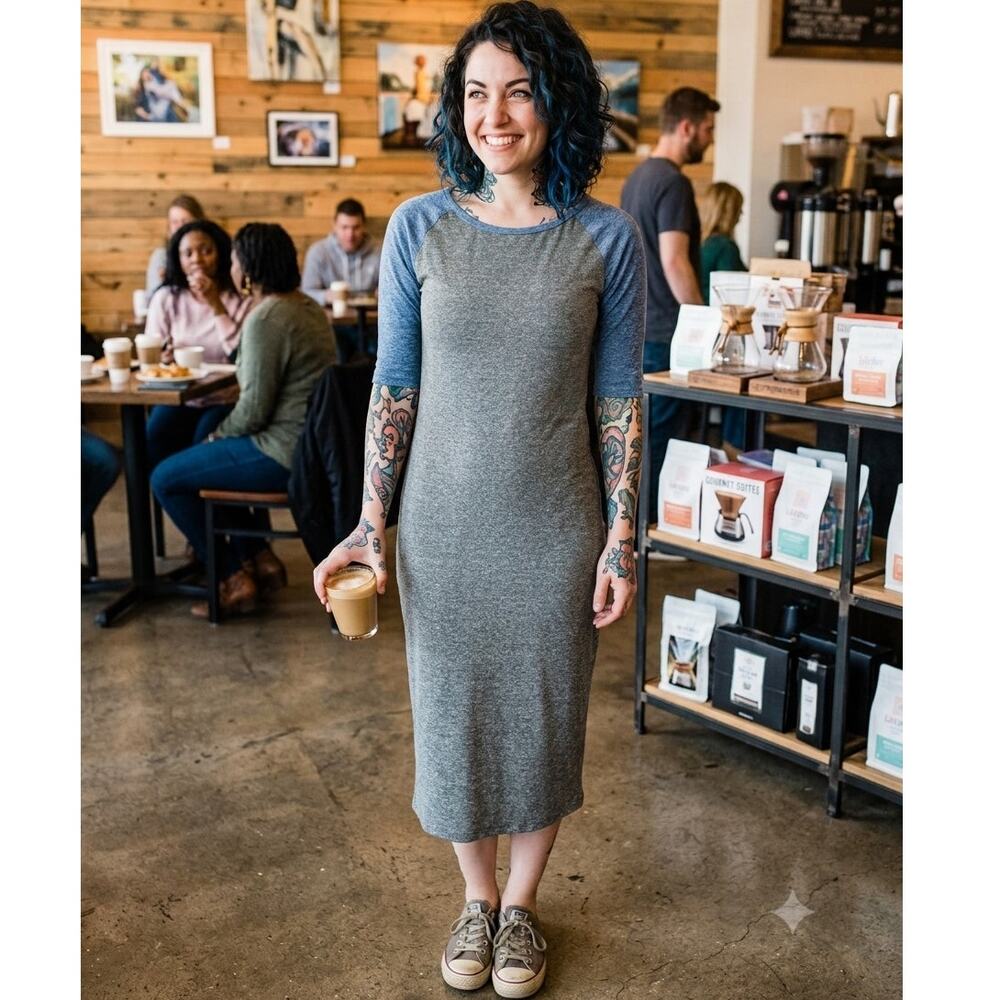 NWT LuLaRoe Julia Dress XXS Gray Periwinkle Blue Raglan Sleeve Pencil Career